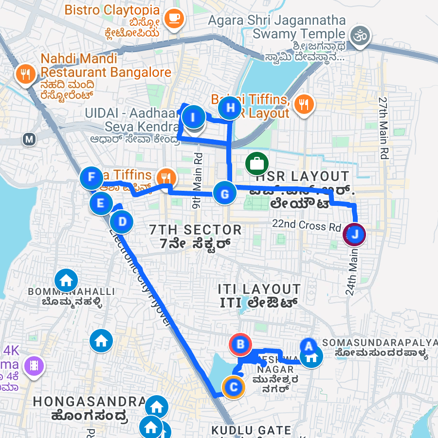 A Google My Map of flat hunting in Bangalore: blue house pins, and a blue route lettered A to J running between them across the HSR Layout, Bommanahalli and Hongasandra areas.