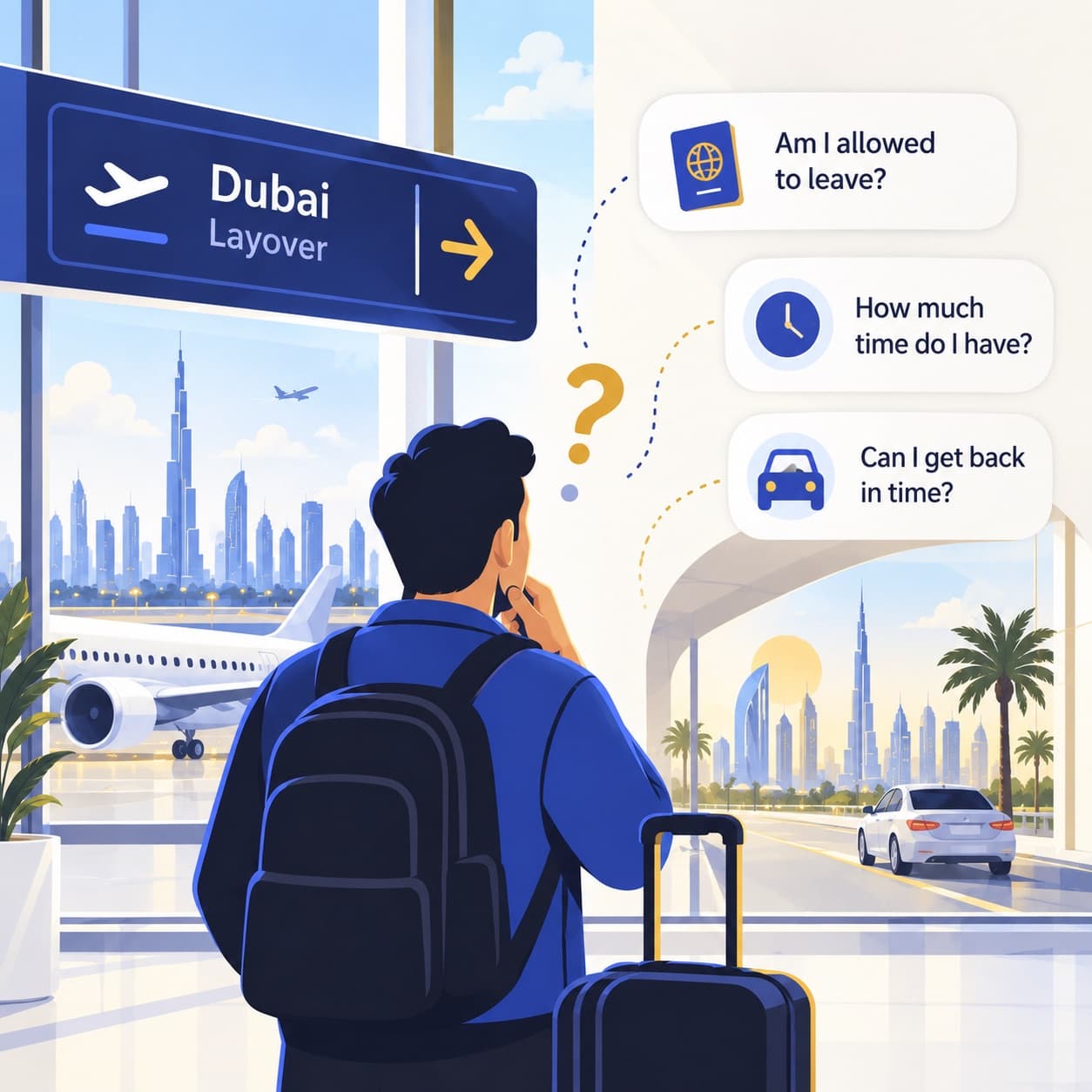 A traveller with a backpack and a suitcase stands at a Dubai airport window under a Dubai Layover sign, with three question cards beside him: am I allowed to leave, how much time do I have, and can I get back in time.