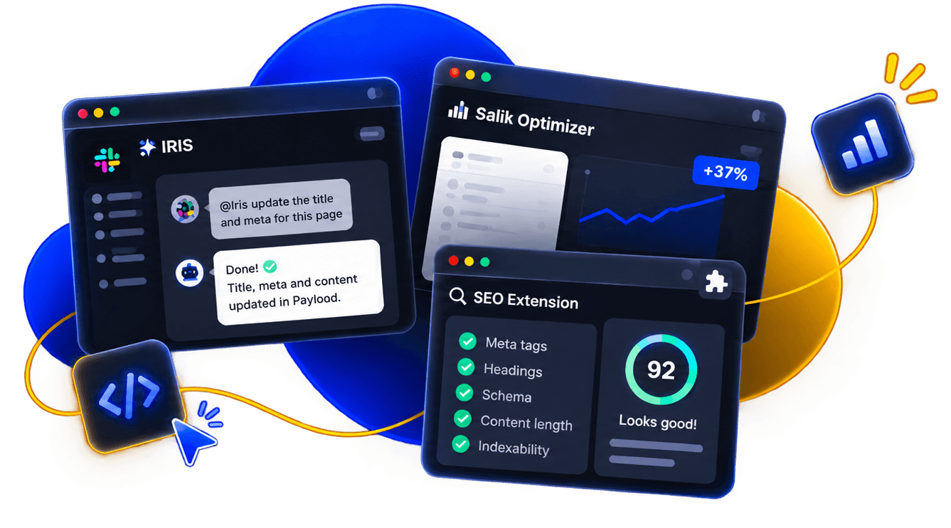 Three of the tools: IRIS taking a content-fix request in Slack, Salik Optimizer's route comparison, and the SEO extension's page-health checklist.