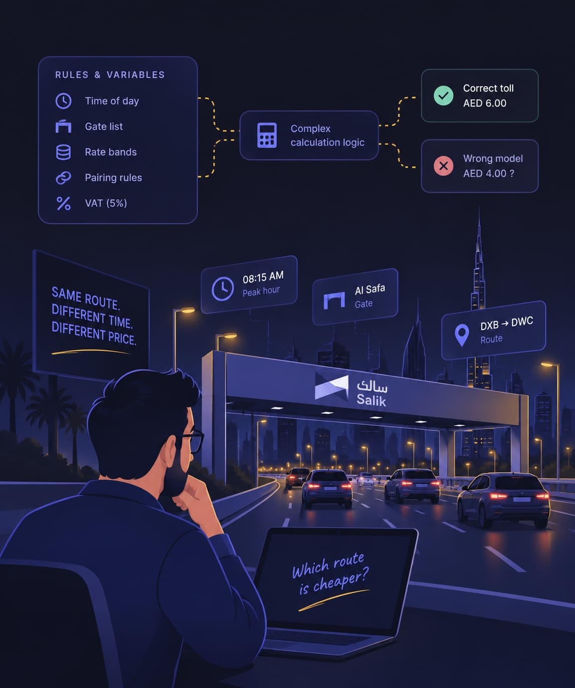 A driver at a Salik toll gantry at night wondering which route is cheaper, with the variables that decide the answer floating above: time of day, gate list, rate bands, pairing rules and VAT, feeding a calculation that returns either the correct toll or a wrong guess.