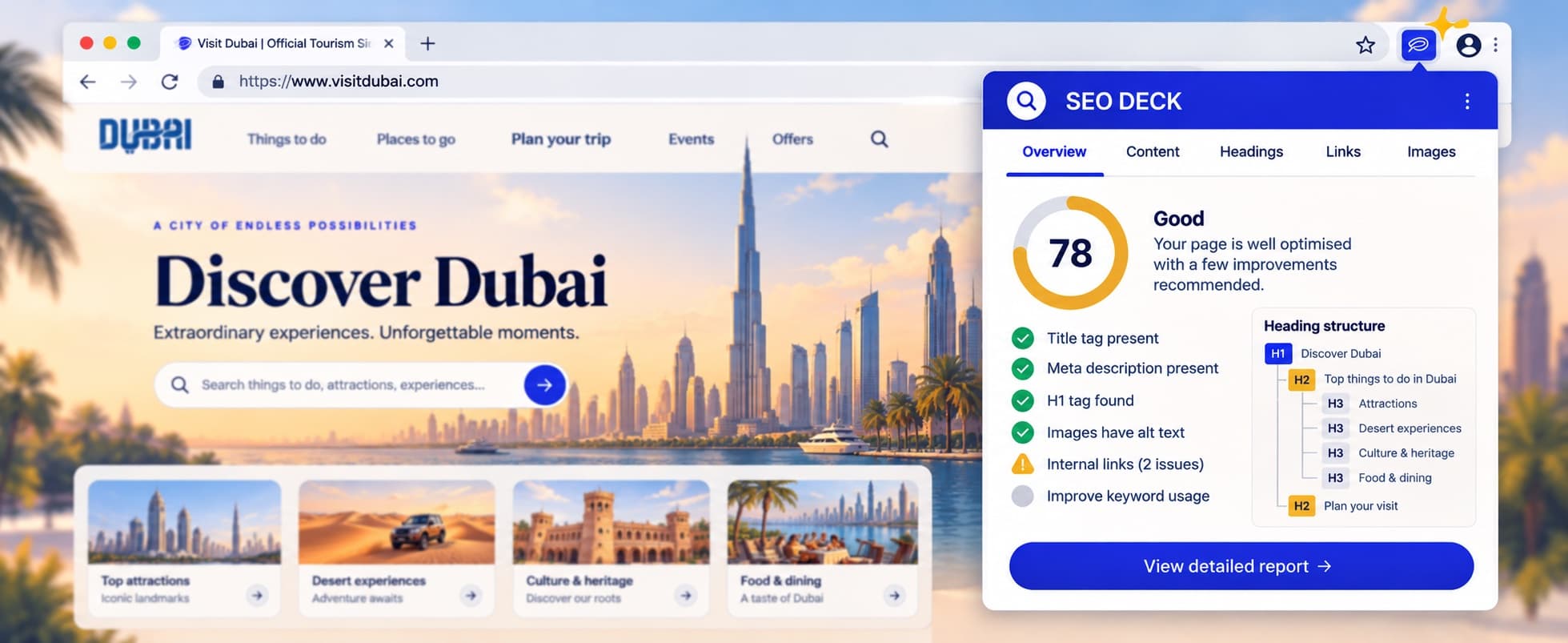 The SEO Deck panel open in Chrome over a fictional Dubai tourism page, showing an overall score of 78, a checklist of on-page checks, and the page’s heading structure.